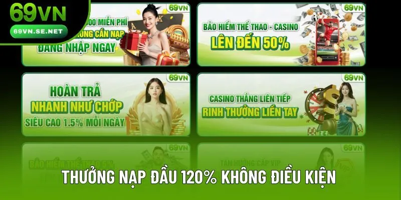 Thưởng nạp đầu 120% không điều kiện cho mọi hội viên 69VN Thưởng nạp đầu 120% không điều kiện cho mọi hội viên 69VN